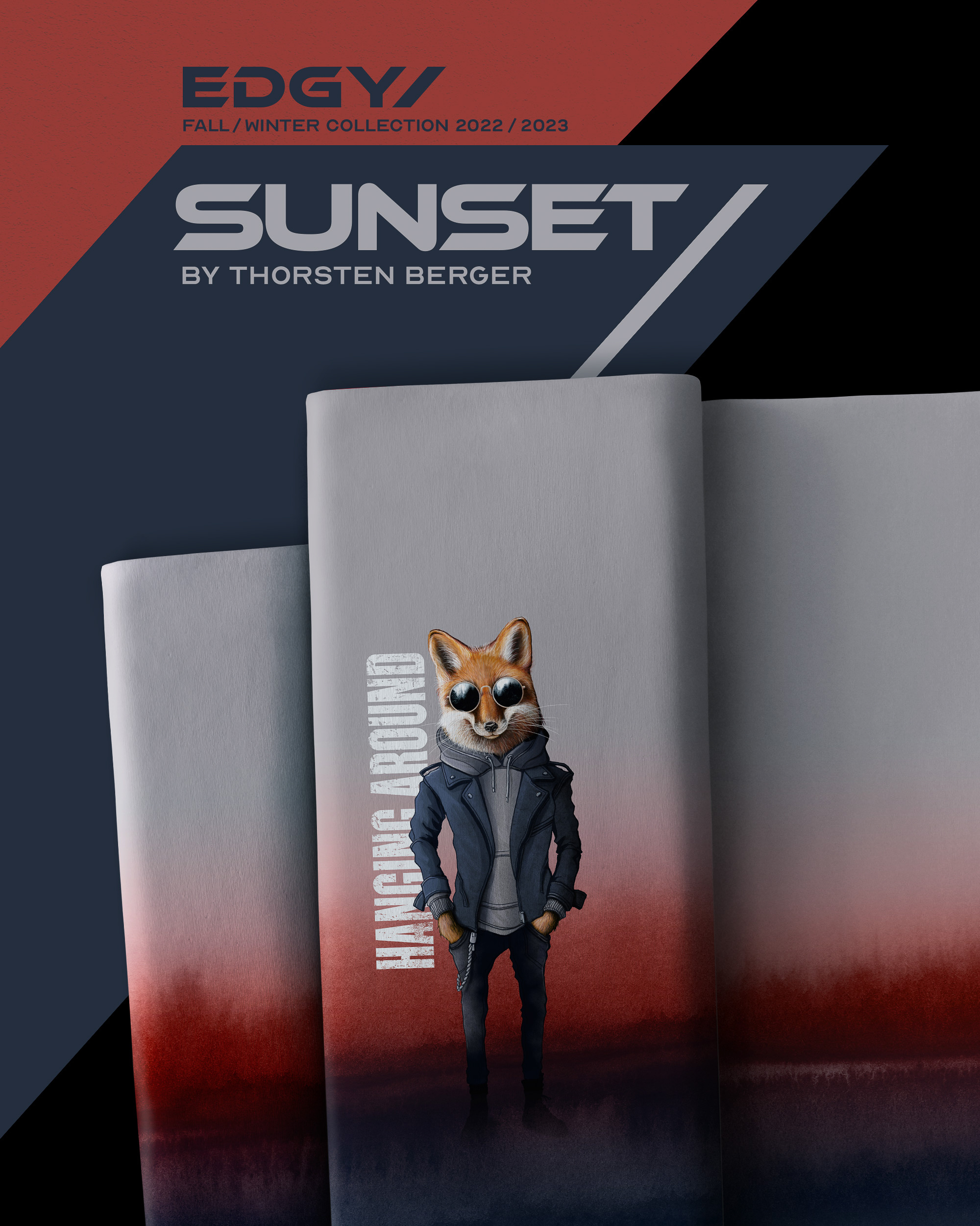 French Terry Paneel - Sunset Fuchs rot grau